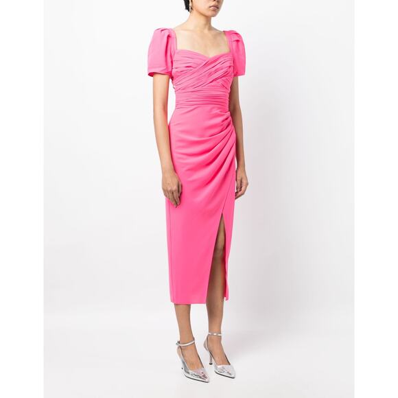 Self-Portrait Pink  Iris Puff-Sleeve Stretch Crepe Gathered Midi-Dress US 4 - Picture 3 of 14